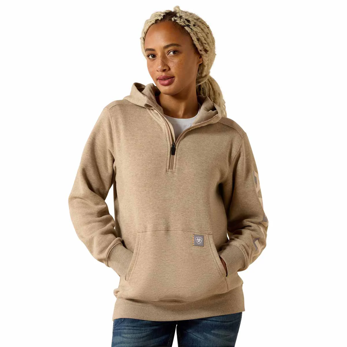 Ariat Women's Rebar Lightweight Logo 1/2 Zip Hoodie - Oatmeal Heather