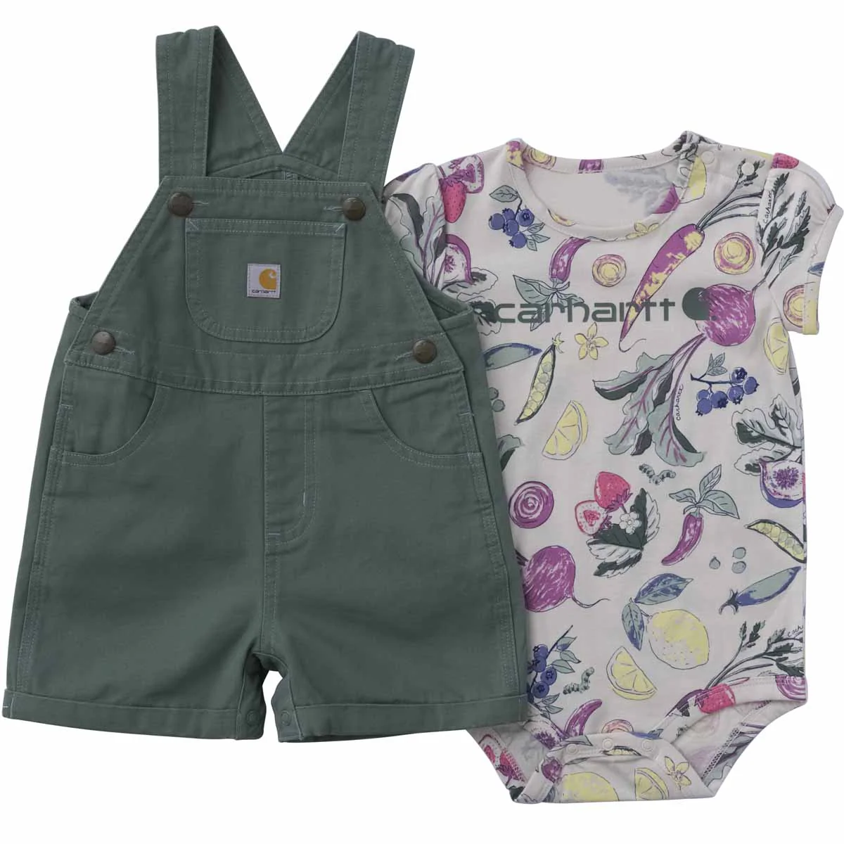 Carhartt Infant Girl Short-Sleeve Veggie Print Bodysuit & Canvas Shortall Set - S26